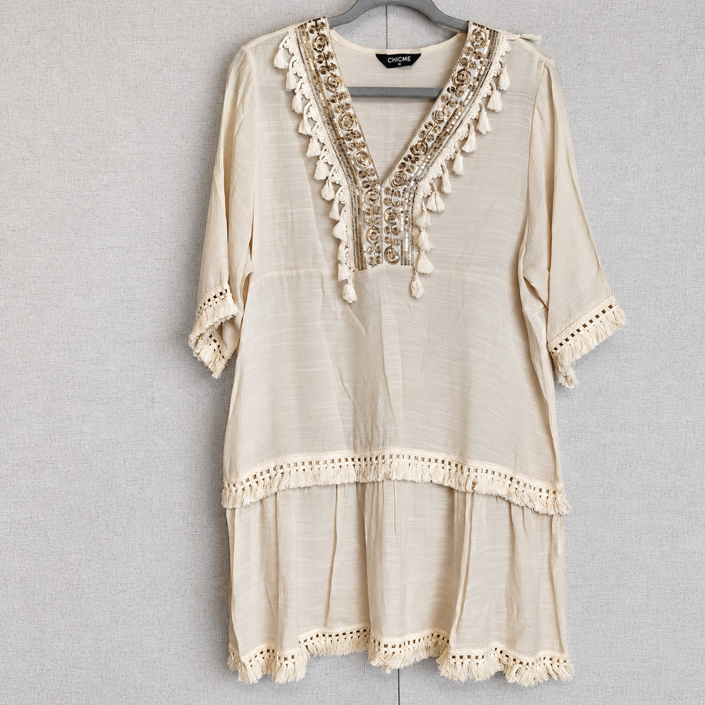 CHICME M Boho Hippie Tunic Dress Ivory Gold Sequin Tassel Fringe Festival